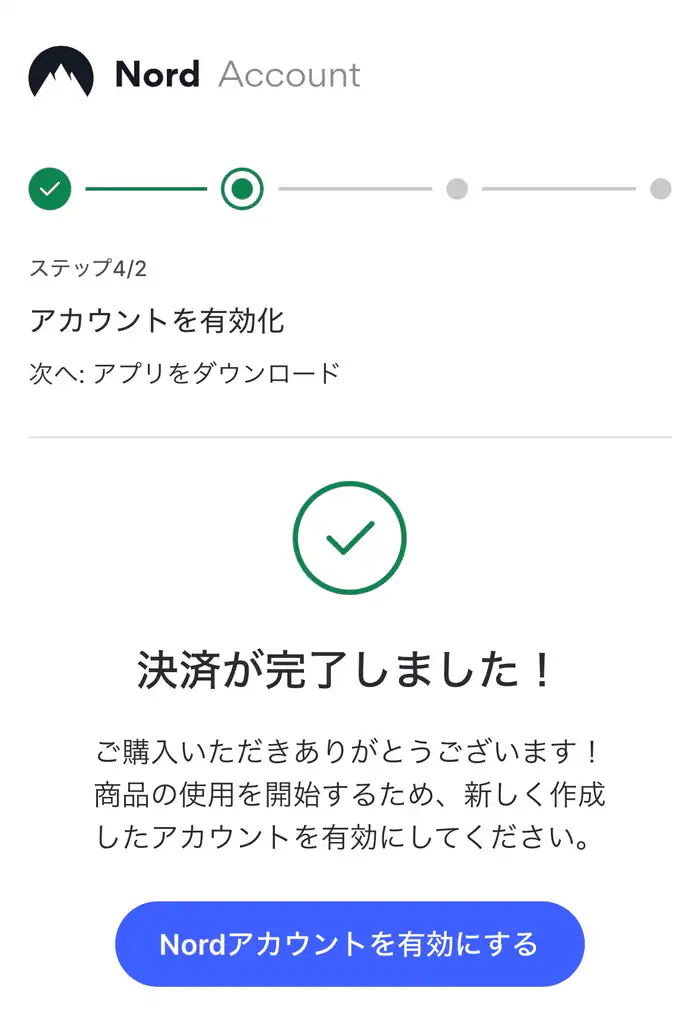 NordVPNの購入が完了した画面