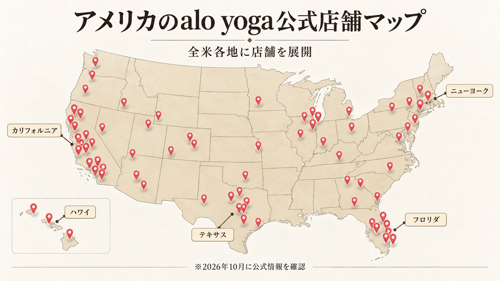 アメリカのalo yoga公式店舗が全米各地にあることを示す地図イラスト